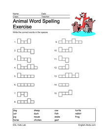 animals animal spelling shape word esl worksheets vocabulary printable vocabsheets esltower